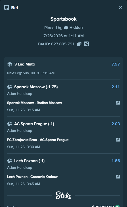 Bet slip: Spartak Moscow - Rodina Moscow, $30,000.00 stake at 2.11 odds, placed by Hidden