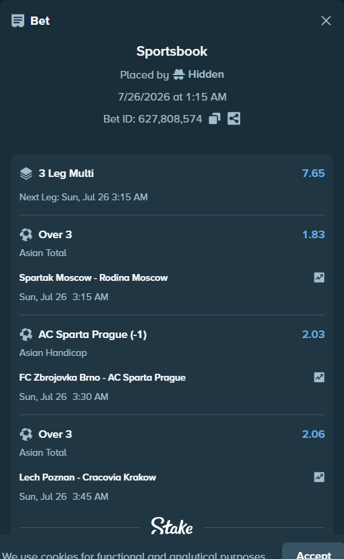 Bet slip: Spartak Moscow - Rodina Moscow, $30,000.00 stake at 1.83 odds, placed by Hidden