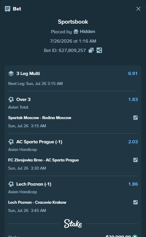 Bet slip: Spartak Moscow - Rodina Moscow, $30,000.00 stake at 1.83 odds, placed by Hidden