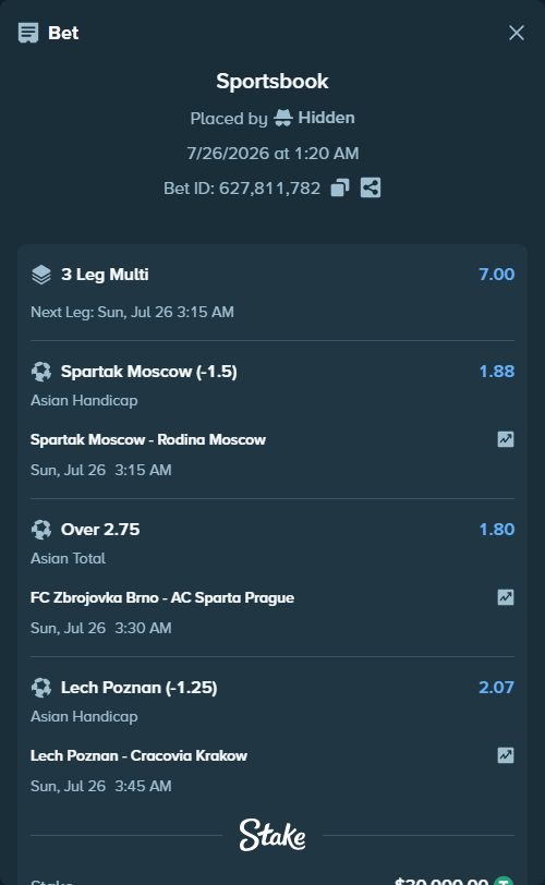 Bet slip: Spartak Moscow - Rodina Moscow, $30,000.00 stake at 1.88 odds, placed by Hidden
