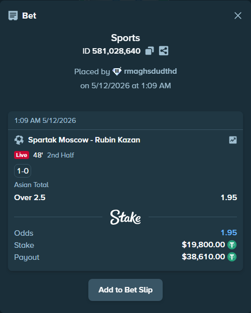 Bet slip: Spartak Moscow - Rubin Kazan, $19,800.00 stake at 1.95 odds, placed by rmaghsdudthd