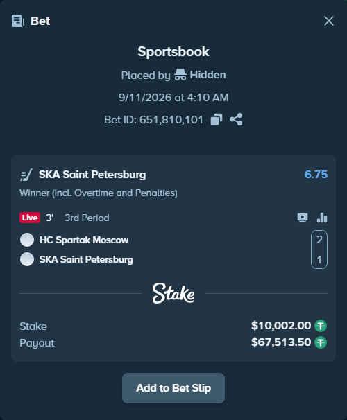 Bet slip: Spartak Moscow - SKA Saint Petersburg, $10,000.00 stake at 6.75 odds, placed by Hidden