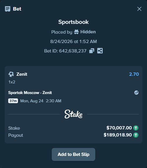 Bet slip: Spartak Moscow - Zenit, $70,000.00 stake at 2.70 odds, placed by Hidden