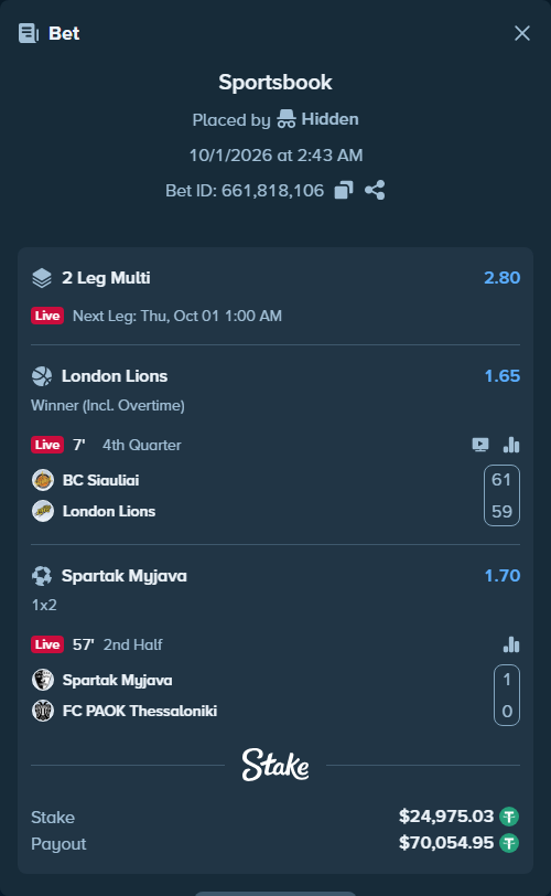 Bet slip: Spartak Myjava - PAOK Thessaloniki, $25,000.00 stake at 1.70 odds, placed by Hidden