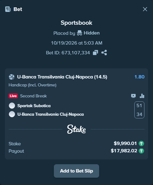 Bet slip: Spartak Subotica - FC Universitatea Cluj, $10,000.00 stake at 1.80 odds, placed by Hidden