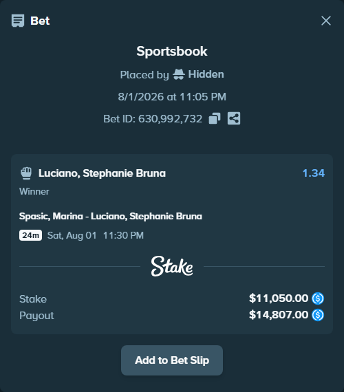 Bet slip: Spasic, Marina - Luciano, Stephanie Bruna, $11,050.00 stake at 1.34 odds, placed by Hidden
