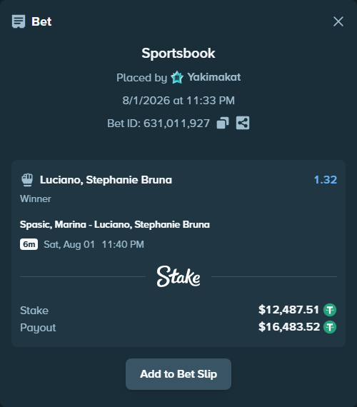 Bet slip: Spasic, Marina - Luciano, Stephanie Bruna, $12,500.00 stake at 1.32 odds, placed by Yakimakat