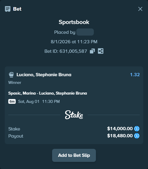 Bet slip: Spasic, Marina - Luciano, Stephanie Bruna, $14,000.00 stake at 1.32 odds, placed by Igorko999