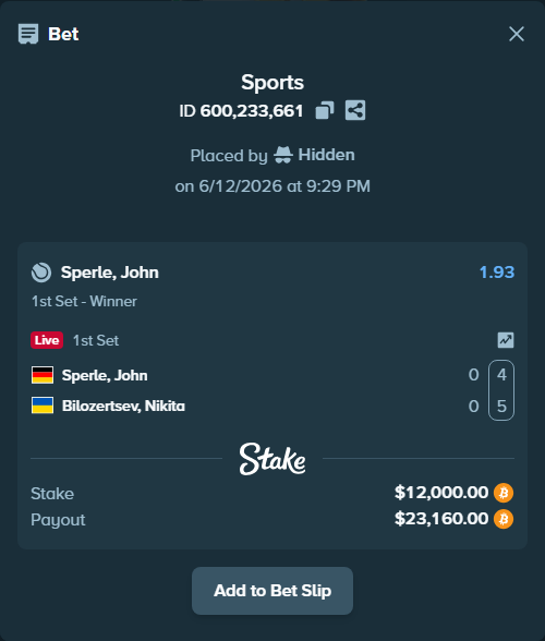 Bet slip: Sperle, John - Belozertsev, Nikita, $12,119.77 stake at 1.93 odds, placed by Hidden