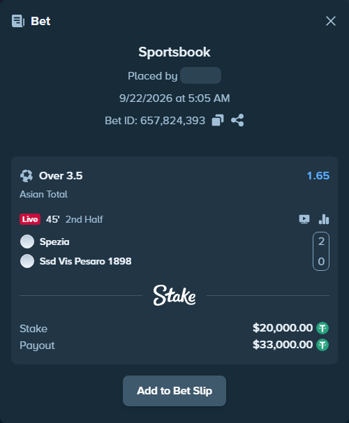 Bet slip: Spezia - Vis Pesaro 1898, $20,000.00 stake at 1.65 odds, placed by tlwns4736