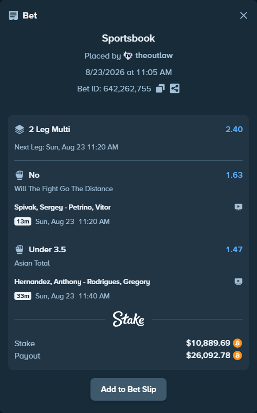 Bet slip: Spivak, Sergey - Petrino, Vitor, $10,857.03 stake at 1.63 odds, placed by theoutlaw