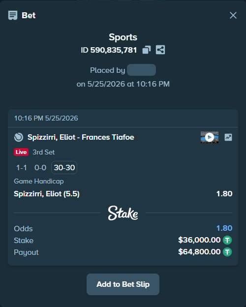 Bet slip: Spizzirri, Eliot - Frances Tiafoe, $36,036.00 stake at 1.80 odds, placed by Kriski99