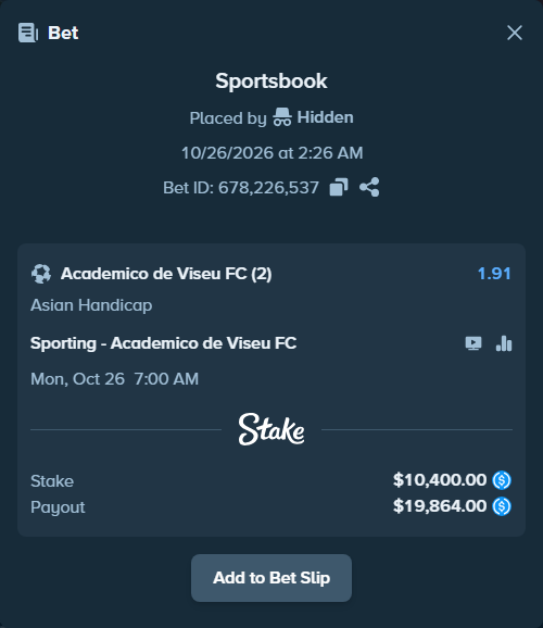 Bet slip: Sporting - Academico de Viseu FC, $10,400.00 stake at 1.91 odds, placed by qwertea
