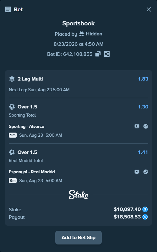 Bet slip: Sporting - Alverca, $10,097.40 stake at 1.30 odds, placed by Hidden