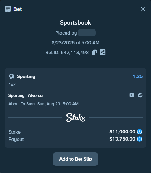Bet slip: Sporting - Alverca, $11,000.00 stake at 1.25 odds, placed by Nakken12