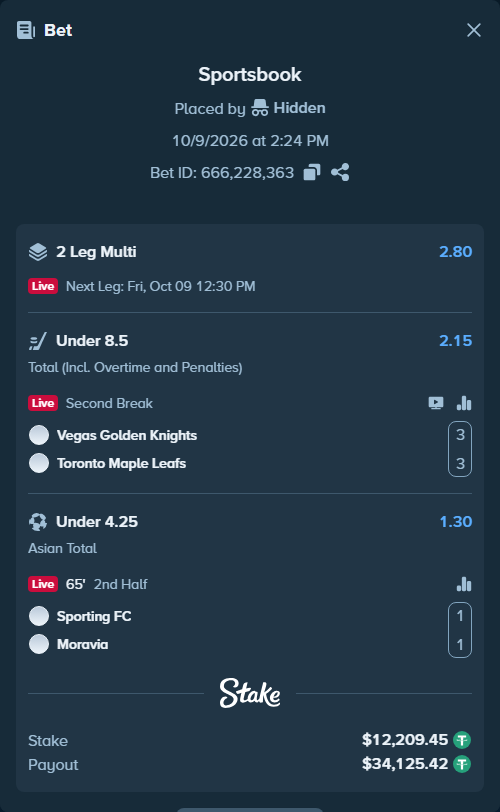 Bet slip: Sporting FC - Moravia, $12,221.66 stake at 1.30 odds, placed by Chitico19
