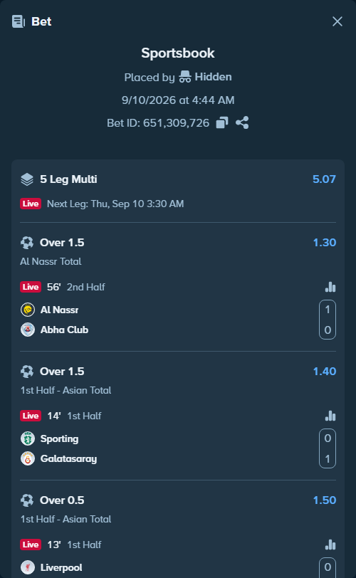 Bet slip: Sporting - Galatasaray Istanbul, $100,000.00 stake at 1.40 odds, placed by Hidden
