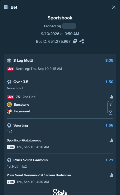 Bet slip: Sporting - Galatasaray Istanbul, $13,000.00 stake at 1.68 odds, placed by KOHINUR7474