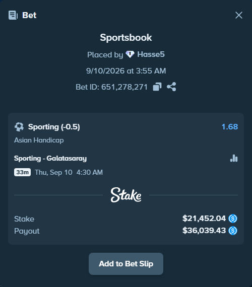 Bet slip: Sporting - Galatasaray Istanbul, $21,452.04 stake at 1.68 odds, placed by Hasse5