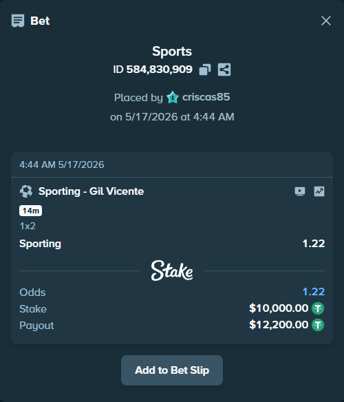 Bet slip: Sporting - Gil Vicente, $10,000.00 stake at 1.22 odds, placed by criscas85
