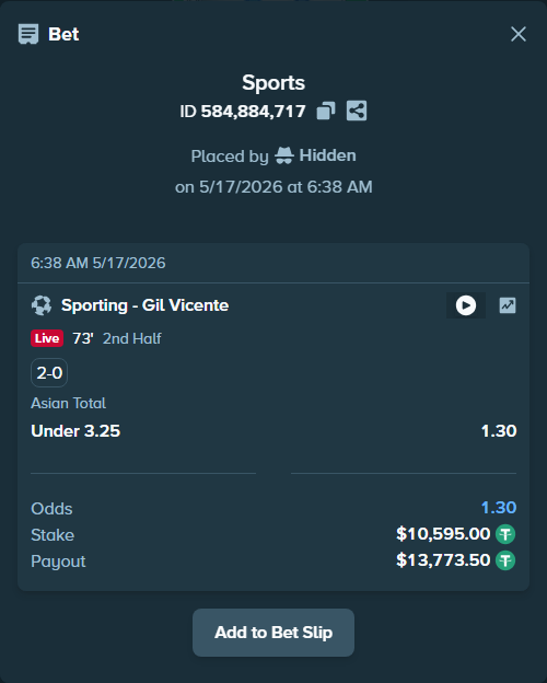 Bet slip: Sporting - Gil Vicente, $10,595.00 stake at 1.30 odds, placed by bulldoyzer