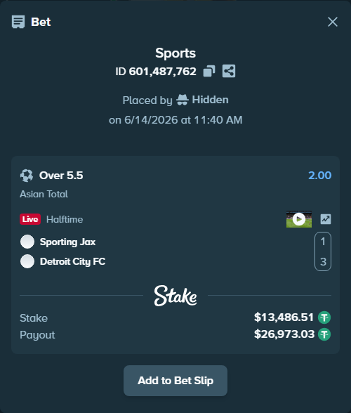 Bet slip: Sporting Jax - Detroit City FC, $13,500.00 stake at 2.00 odds, placed by Hidden
