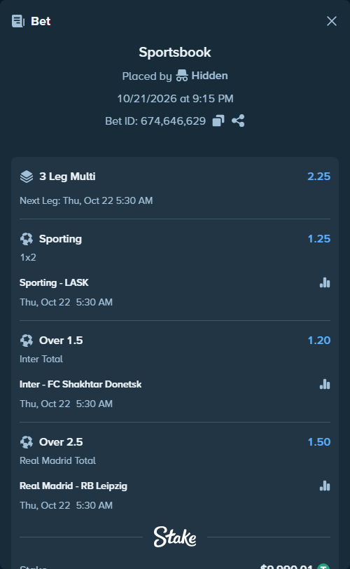 Bet slip: Sporting - LASK Linz, $10,000.00 stake at 1.25 odds, placed by Paata09