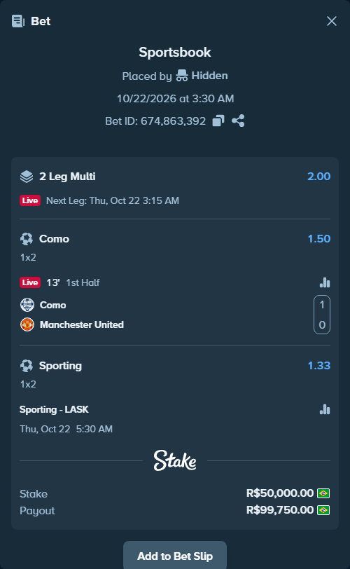 Bet slip: Sporting - LASK Linz, $10,000.00 stake at 1.33 odds, placed by ricardo911ss