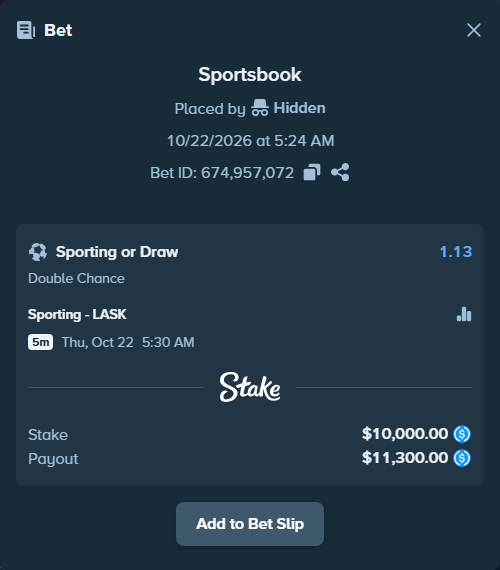 Bet slip: Sporting - LASK Linz, $10,000.00 stake at 1.13 odds, placed by bjellesau17
