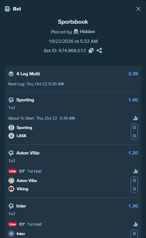 Bet slip: Sporting - LASK Linz, $10,000.00 stake at 1.40 odds, placed by Agus1033
