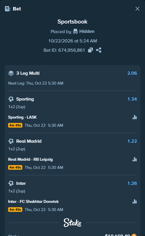 Bet slip: Sporting - LASK Linz, $9,988.32 stake at 1.34 odds, placed by Dholy500