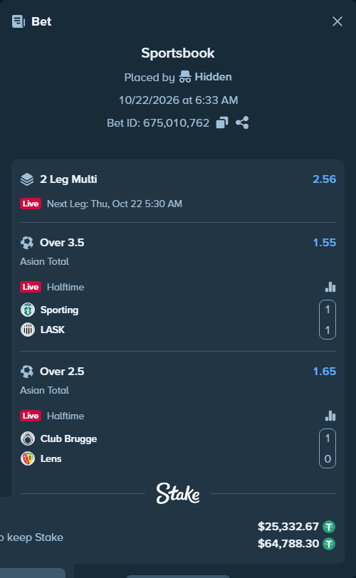 Bet slip: Sporting - LASK Linz, $25,358.00 stake at 1.55 odds, placed by tlwns4736