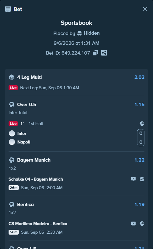 Bet slip: Sporting - Nacional Madeira, $10,000.00 stake at 1.21 odds, placed by Hidden