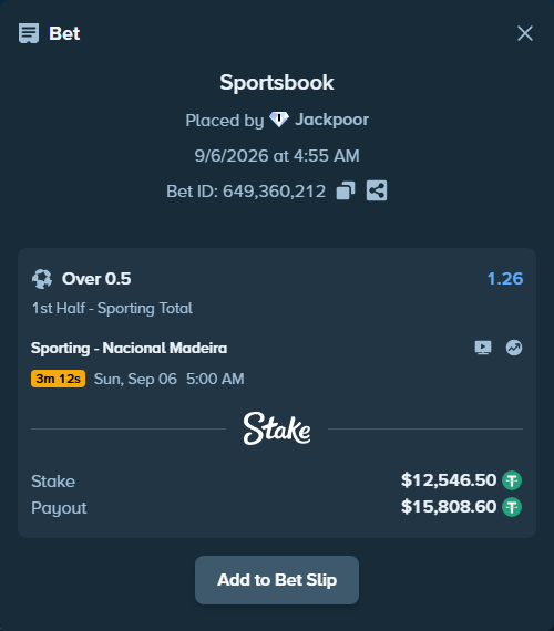 Bet slip: Sporting - Nacional Madeira, $12,545.25 stake at 1.26 odds, placed by Jackpoor