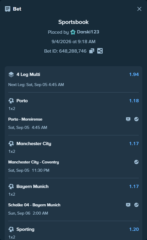 Bet slip: Sporting - Nacional Madeira, $14,206.58 stake at 1.20 odds, placed by Darski123