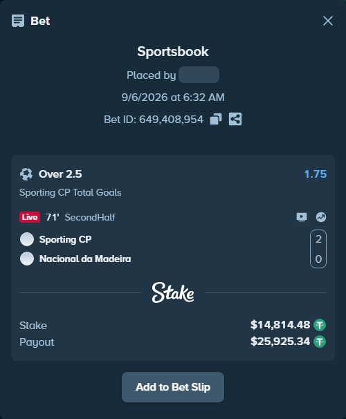 Bet slip: Sporting - Nacional Madeira, $14,813.00 stake at 1.75 odds, placed by Elantari36
