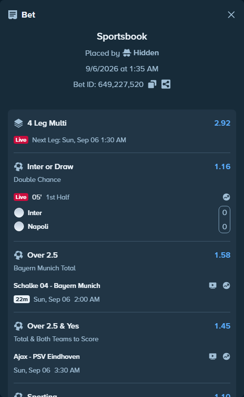 Bet slip: Sporting - Nacional Madeira, $58,130.08 stake at 1.10 odds, placed by Hidden