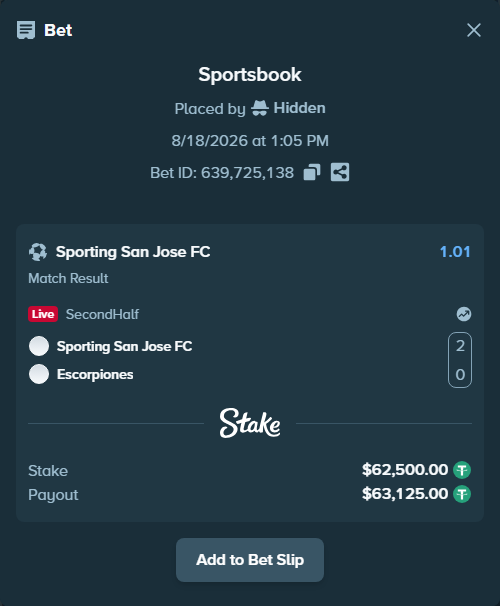 Bet slip: Sporting San Jose FC - Escorpiones, $62,562.50 stake at 1.01 odds, placed by Hidden