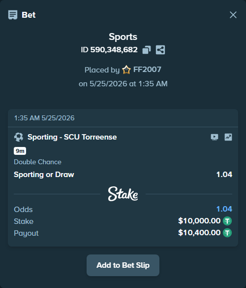 Bet slip: Sporting - SCU Torreense, $10,000.00 stake at 1.04 odds, placed by FF2007