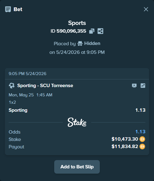 Bet slip: Sporting - SCU Torreense, $10,473.30 stake at 1.13 odds, placed by Hidden