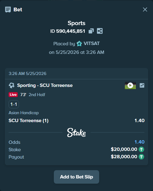 Bet slip: Sporting - SCU Torreense, $20,000.00 stake at 1.40 odds, placed by VITSAT
