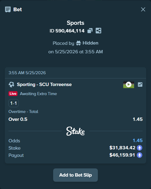 Bet slip: Sporting - SCU Torreense, $26,274.95 stake at 1.45 odds, placed by Hidden