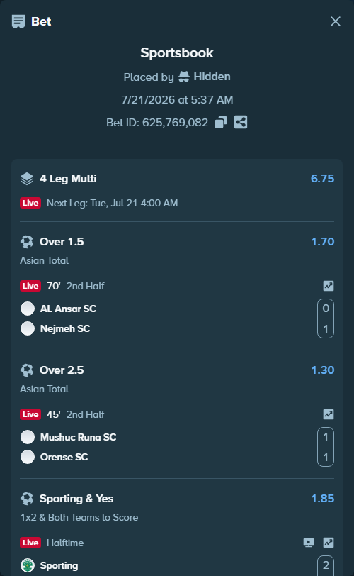 Bet slip: Sporting - Strasbourg, $17,095.00 stake at 1.85 odds, placed by Hidden