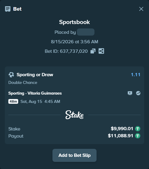 Bet slip: Sporting - Vitoria Guimaraes, $10,000.00 stake at 1.11 odds, placed by criscas85