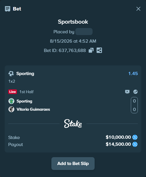 Bet slip: Sporting - Vitoria Guimaraes, $10,000.00 stake at 1.45 odds, placed by Duretil05