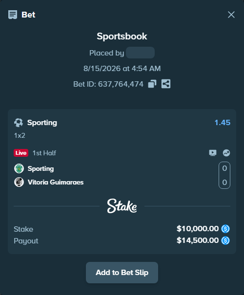 Bet slip: Sporting - Vitoria Guimaraes, $10,000.00 stake at 1.45 odds, placed by Duretil05