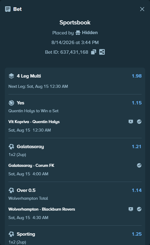 Bet slip: Sporting - Vitoria Guimaraes, $10,500.00 stake at 1.25 odds, placed by Hidden