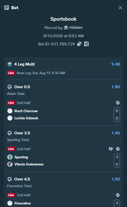 Bet slip: Sporting - Vitoria Guimaraes, $14,804.83 stake at 1.45 odds, placed by Hidden