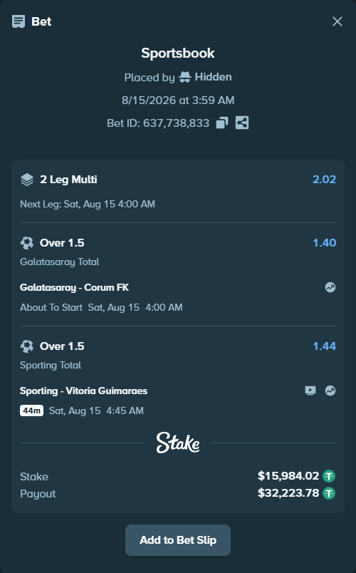 Bet slip: Sporting - Vitoria Guimaraes, $16,000.00 stake at 1.44 odds, placed by Hidden