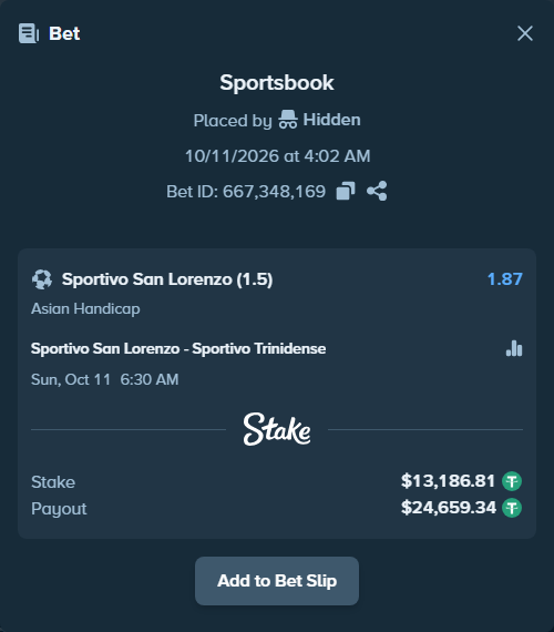 Bet slip: Sportivo San Lorenzo - Sportivo Trinidense, $13,200.00 stake at 1.87 odds, placed by Hidden